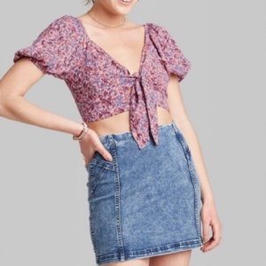 Wild Fable Pink Floral Puff Sleeve Crop Top Tied Front